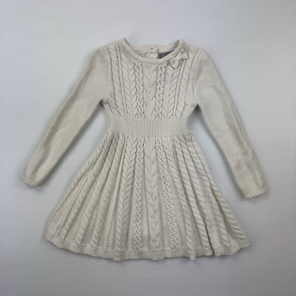 Tahari Kids 3T Cable Knit Sweater Dress Cream Long Sleeve Cotton Blend Bow - Picture 11 of 11